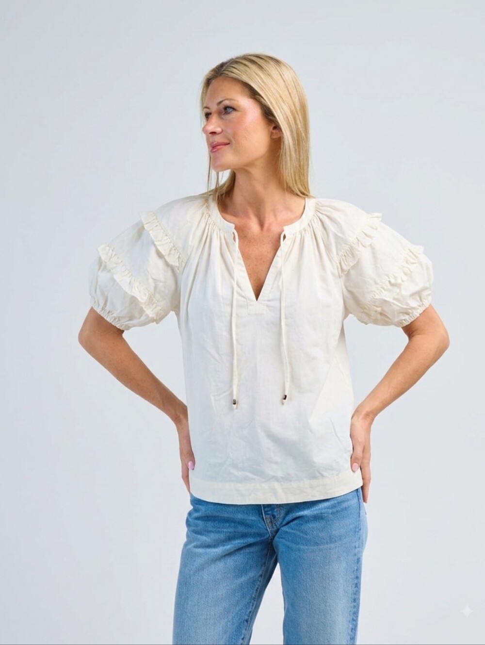 Ulla Johnson Cream Puff-Sleeve Ruffle Blouse